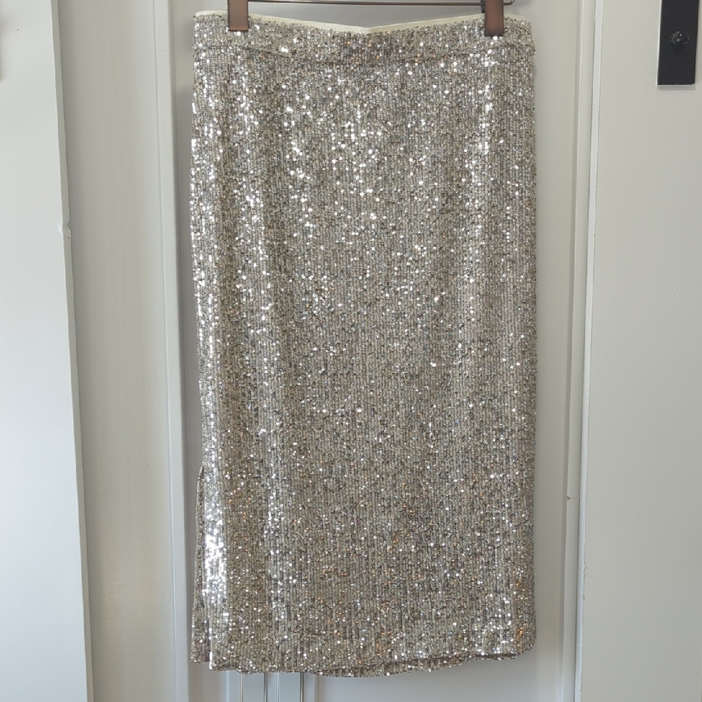 ANN TAYLOR Silver Sequin Slip On Pencil Skirt Size 8